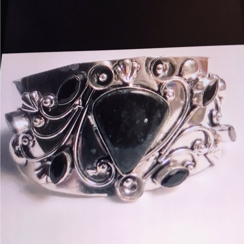 Nuummite Black Onyx Stamped Solid 925 Sterling Silver Cuff Bracelet
